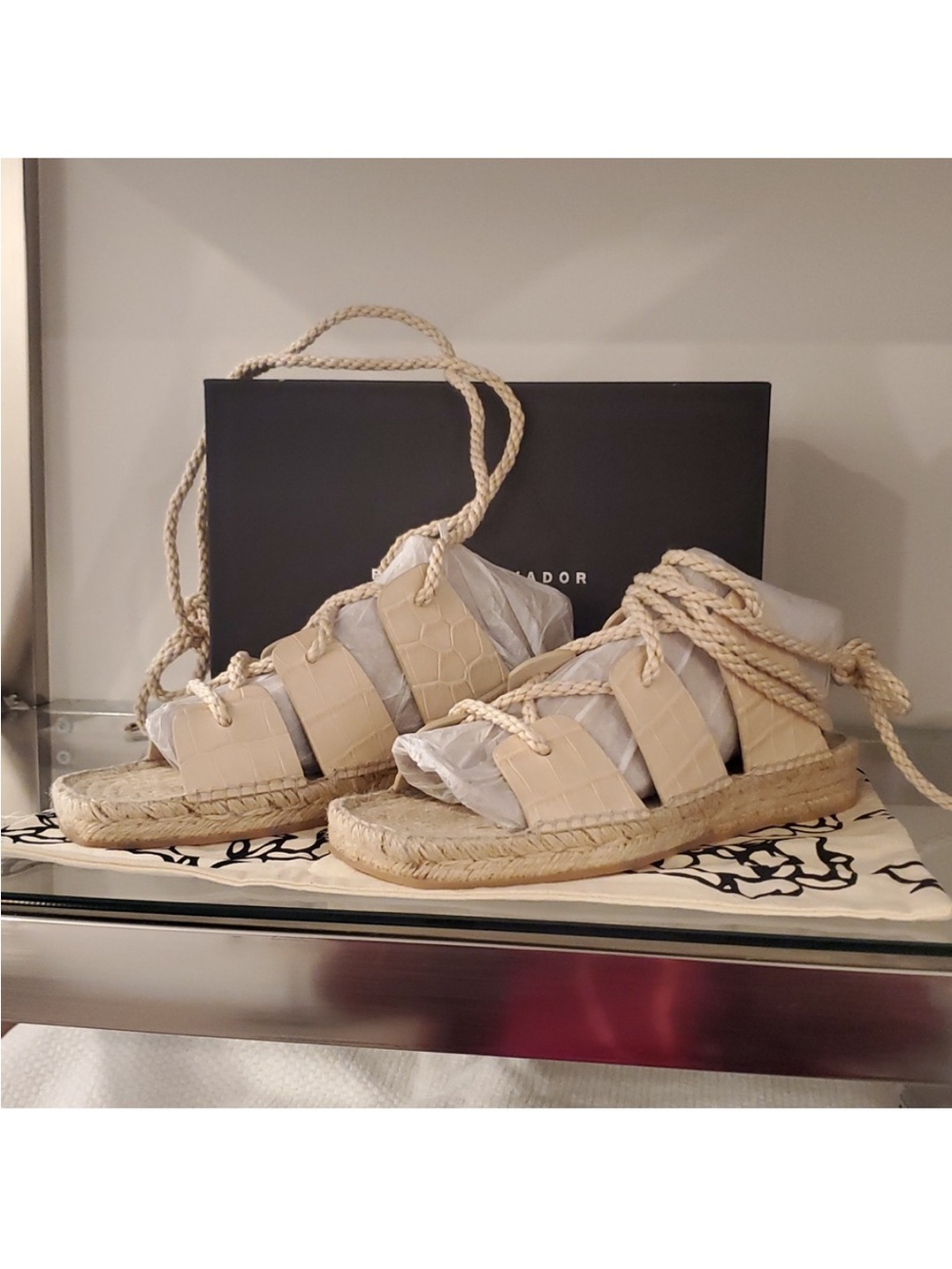 Freda Salvador Natural Beige Croc-Embossed Rope Espadrille Sandals